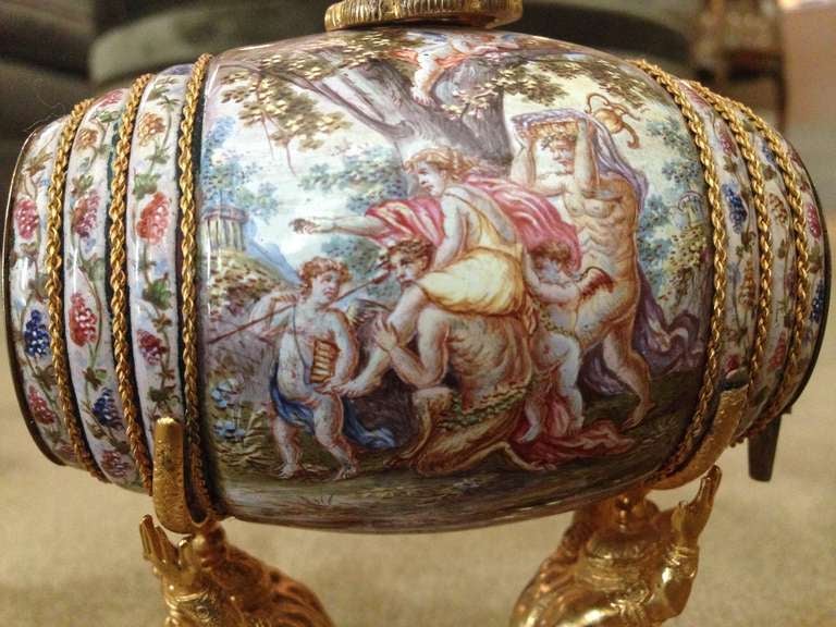 Austrian Very Fine Viennese Enamel Wine Barrel Form Perfume with Gilt Bronze Mounts 19th Century