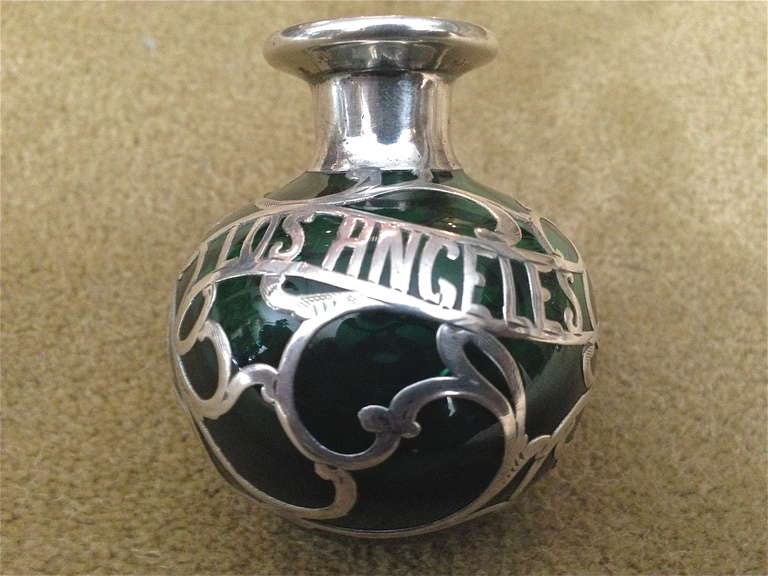 American I Love LA Sterling Silver Overlay Perfume BottleI Emerald Green c.1900