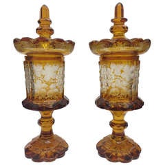 Rare Bohemian Amber Intaglio Cut  Covered Vases c.1900