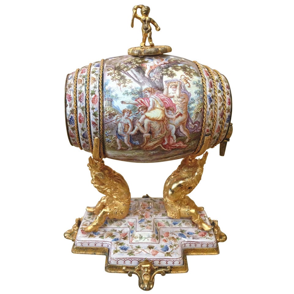 Very Fine Viennese Enamel Wine Barrel Form Perfume with Gilt Bronze Mounts 19th Century