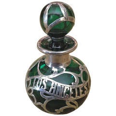 Antique I Love LA Sterling Silver Overlay Perfume BottleI Emerald Green c.1900