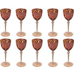 Antique Bohemian Ruby Overlay Glass Wine Stems Cut and Gilded c.1900