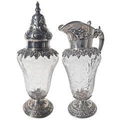 Antique Shreve Co. Sterling and Hawkes Glass Syrup Pitcher and Sugar Shaker, circa 1900