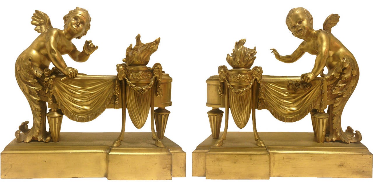 Large Pair of Fine French Gilt Bronze Cupid Form Chenet, 19th Century