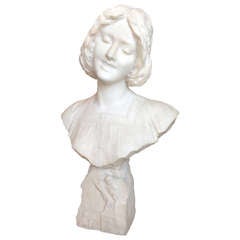 Antique Signed Italian Alabaster Bust of a Beauty unusual Carved Base c.1900