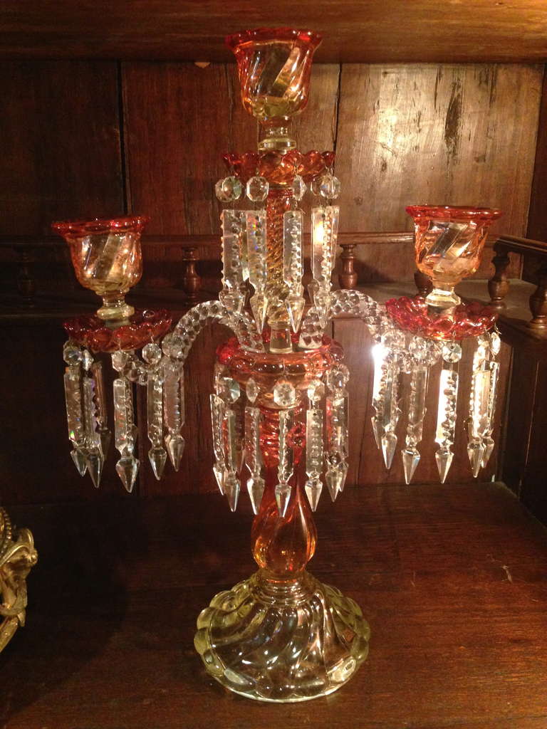 These are rare and so very beautiful, we sell many pairs of baccarat candelabra and candlesticks every year and I'm talking
over 25 years, this is only the second pair in this color we have
had. Don't be shocked by the price they are worth it, I