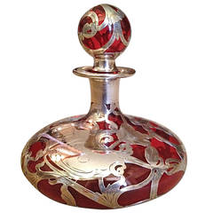 Great for Christmas Red Glass Silver Overlay Art Nouveau Perfume, circa 1900