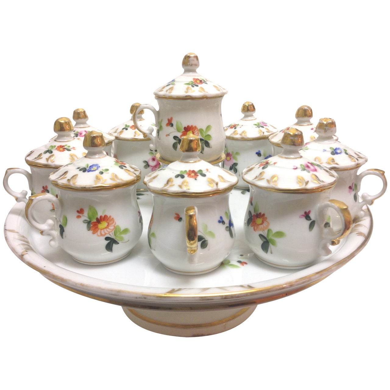 Fabulous Old Paris Pot de Crème Service on Stand Paris, circa 1860