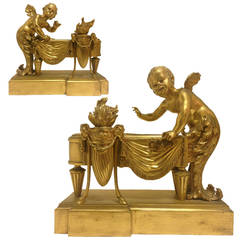 Large Pair of Fine French Gilt Bronze Cupid Form Chenet, 19th Century