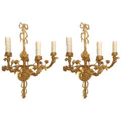 French Gilt Bronze Wall Sconces Roses Swags and Flame Design, circa 1860