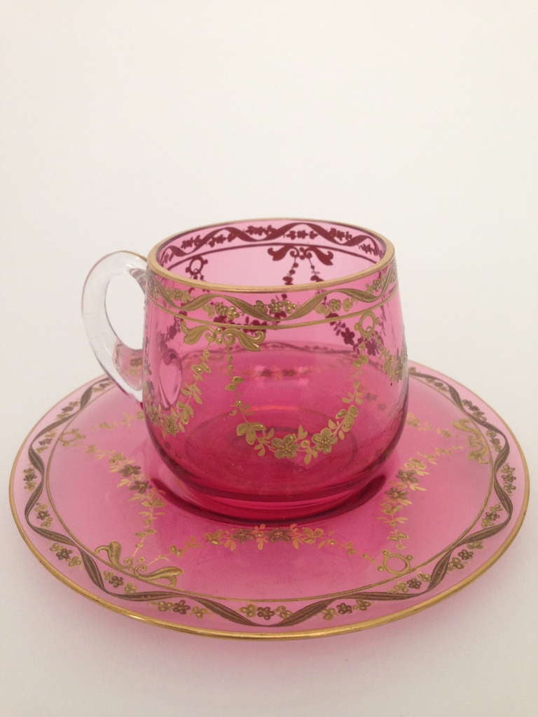 Austrian Set of Six Individual Moser Cups and Saucers Gilt and Enameled c.1900