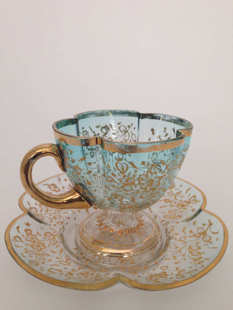 Set of Six Individual Moser Cups and Saucers Gilt and Enameled c.1900 In Excellent Condition In Redding, CA