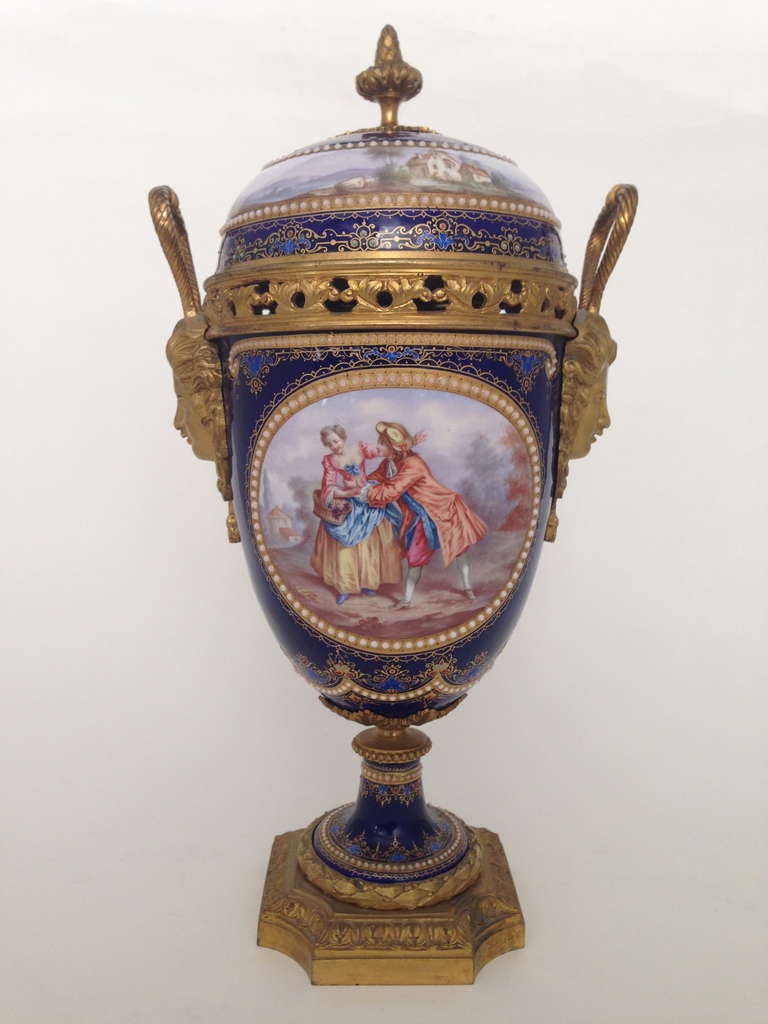 Enamel Pair of French Gilt Bronze Mounted Mantle Urns, circa 1860