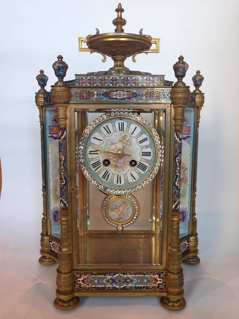 Louis XVI Tiffany & Co Gilt Bronze Champleve and Porcelain Mounted Clock 19th Century