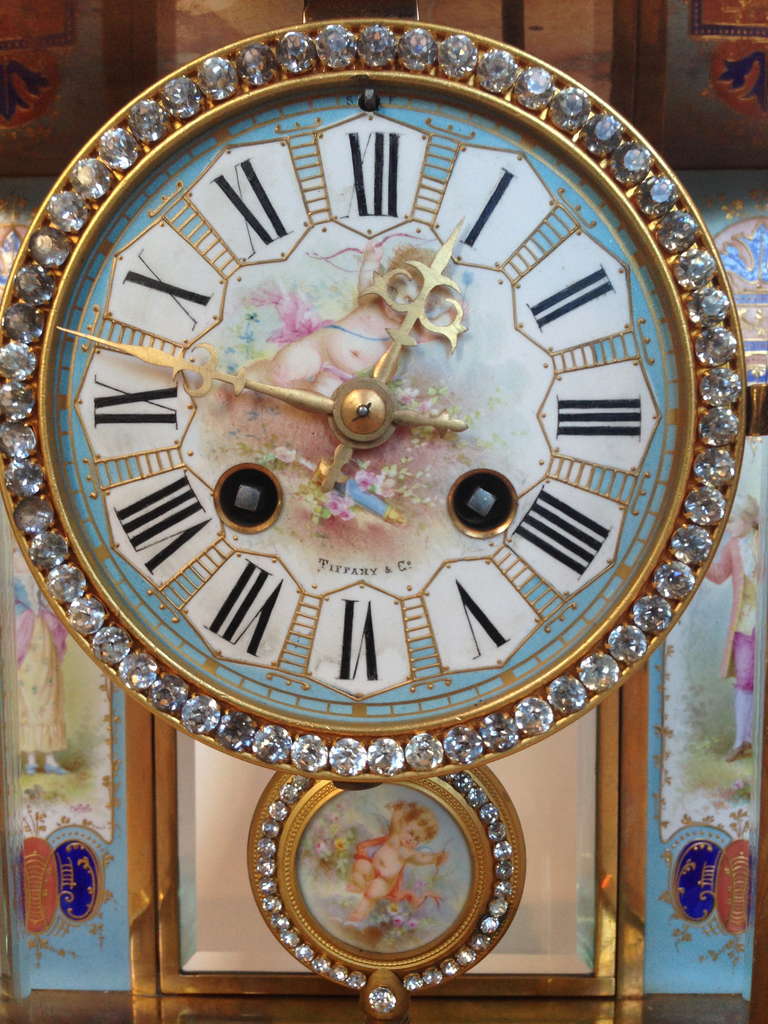 French Tiffany & Co Gilt Bronze Champleve and Porcelain Mounted Clock 19th Century