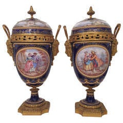Enamel Pair of French Gilt Bronze Mounted Mantle Urns, circa 1860