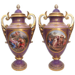 Antique Extremely Rare Vienna Porcelain Covered Urns Fantastic Color, 19th Century