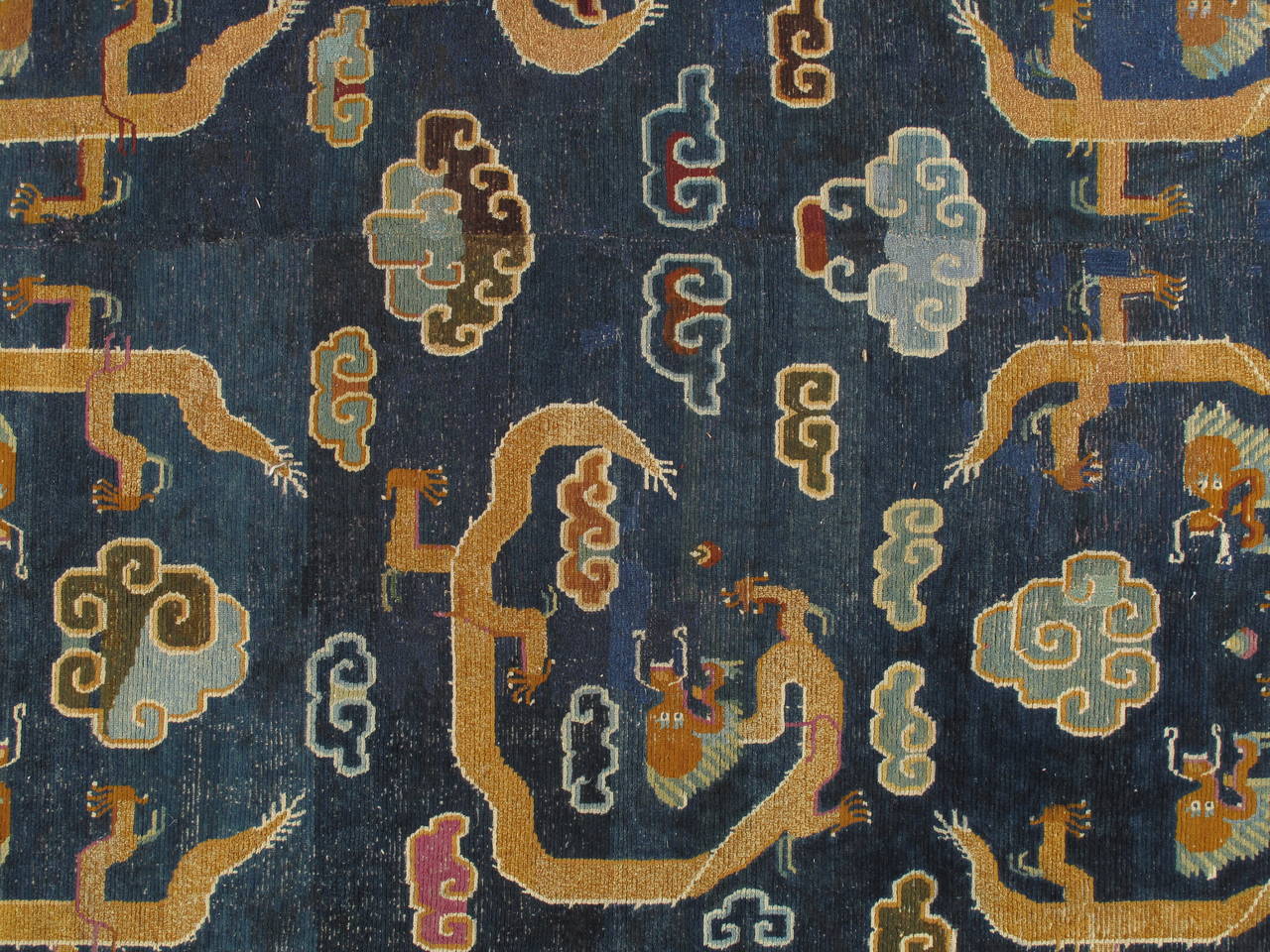 Wool Antique Tibetan Carpet, Circa 1880 Handmade Oriental Rug, Blue, Gold, Tan, Cream