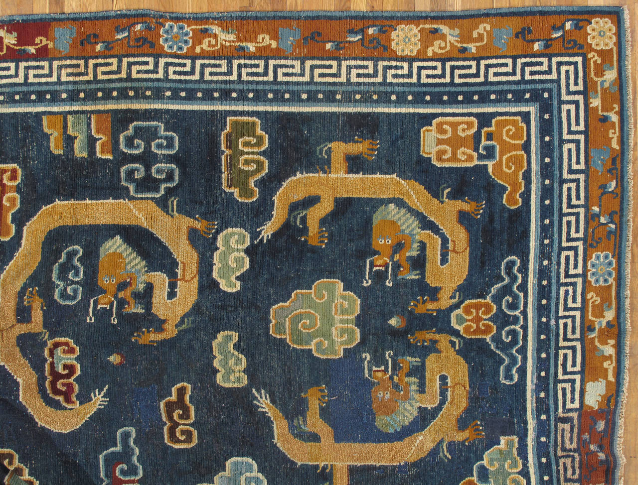 19th Century Antique Tibetan Carpet, Circa 1880 Handmade Oriental Rug, Blue, Gold, Tan, Cream