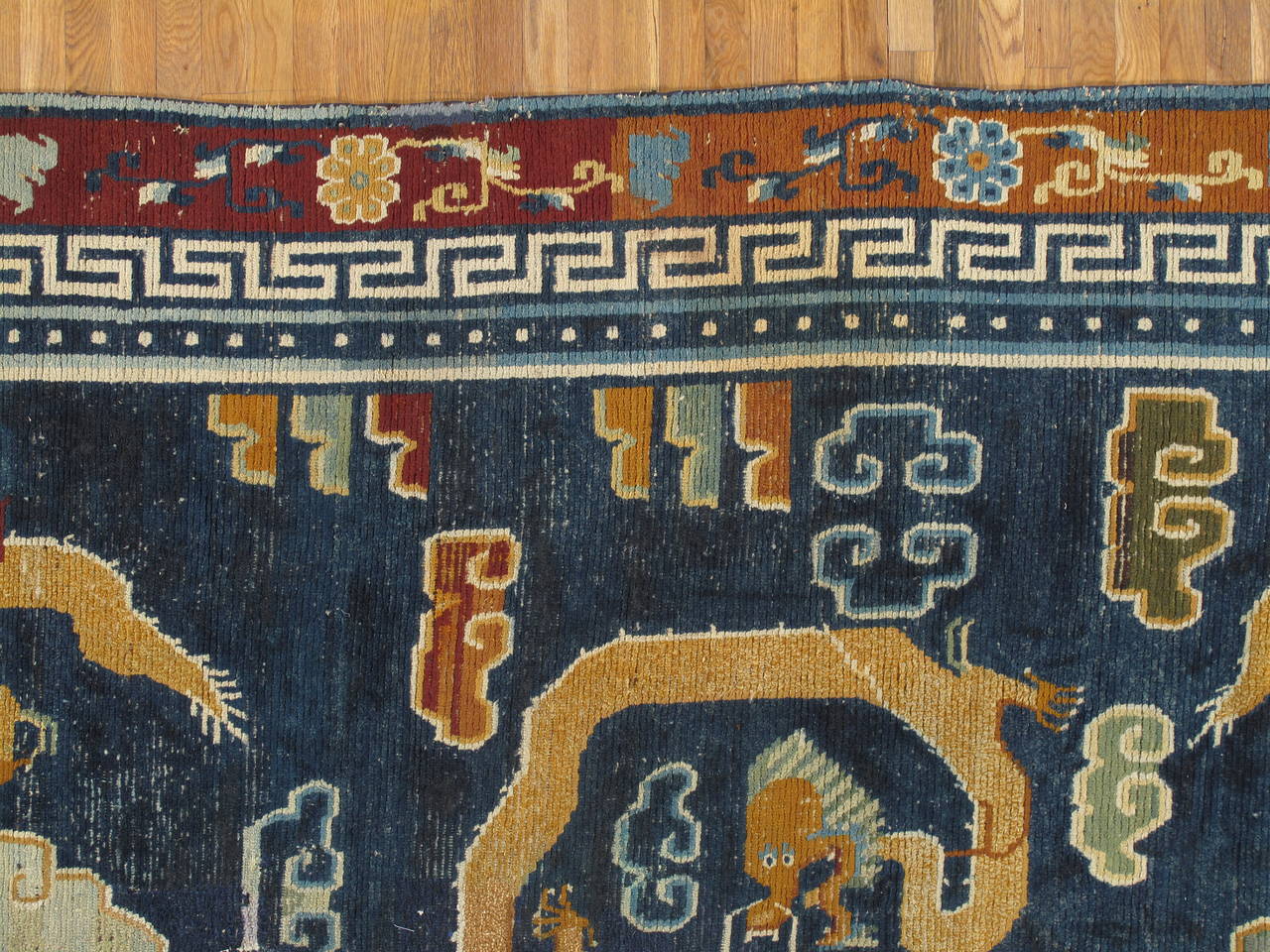 Antique Tibetan Carpet, Circa 1880 Handmade Oriental Rug, Blue, Gold, Tan, Cream In Good Condition In Port Washington, NY