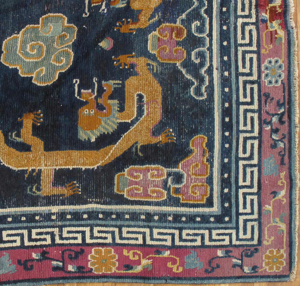 Hand-Knotted Antique Tibetan Carpet, Circa 1880 Handmade Oriental Rug, Blue, Gold, Tan, Cream