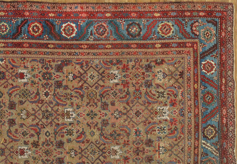 Hand-Knotted Antique Heriz Northwest Persian Runner, Handmade Rug Light Blue, Taupe, Rust Red For Sale