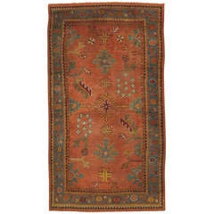 Antique Oushak Carpet, Turkish Rugs, Handmade Oriental Rugs, Coral & Light Blue 7