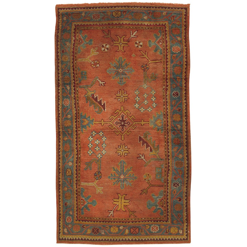 Antique Oushak Carpet, Turkish Rugs, Handmade Oriental Rugs, Coral & Light Blue