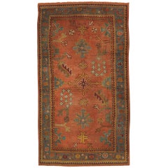 Antique Oushak Carpet, Turkish Rugs, Handmade Oriental Rugs, Coral & Light Blue