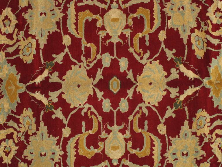 Measures: 8.2 x 10.

Agra rugs are the most highly sought after of the 19th century antique Indian rugs today. Agra rugs were extremely well made heavy durable rugs and are considered the best of Indian rugs in the post-Mughal period.
Agra rugs