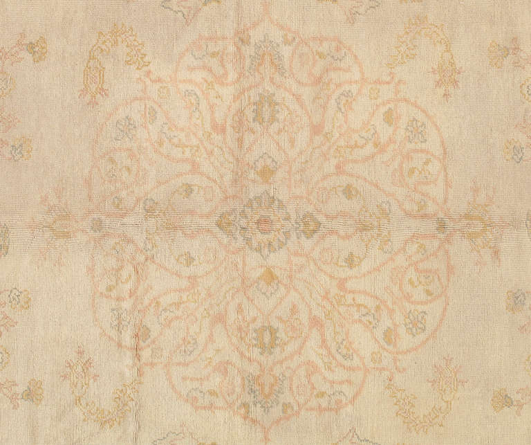 Antiker Oushak Teppich, Türkische Teppiche, Handgefertigte Orientalische Teppiche, Rosa Elfenbein Feiner Teppich im Angebot 5