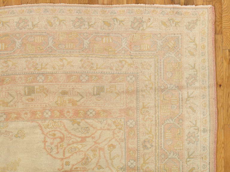 Antique Oushak Carpet, Turkish Rugs, Handmade Oriental Rugs, Pink Ivory Fine Rug For Sale 6