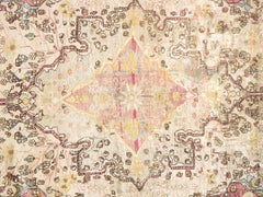 Antique Persian Silk Kashan Rug, Handmade Oriental Rug, Ivory, Purple, Light Blu