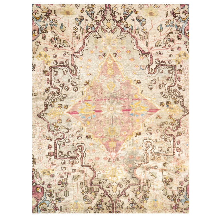 Antique Persian Silk Kashan Rug, Handmade Oriental Rug, Ivory, Purple