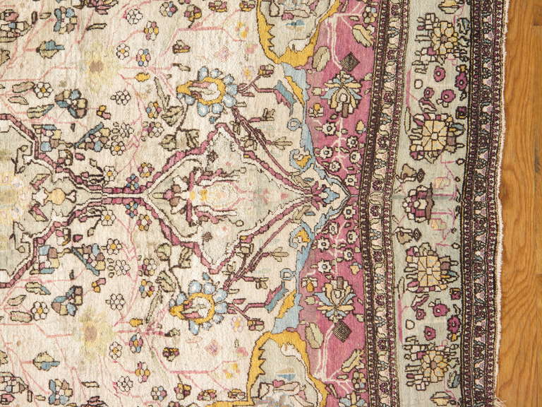 Antique Persian Silk Kashan Rug, Handmade Oriental Rug, Ivory, Purple