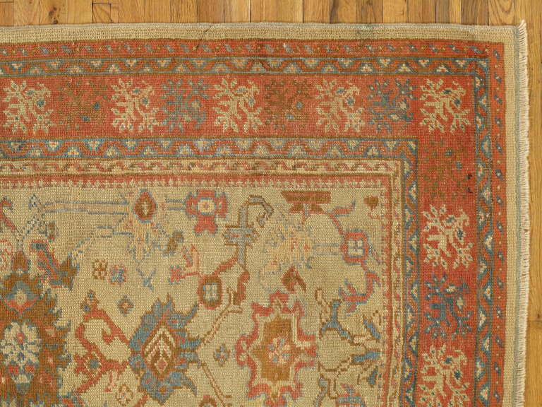 Hand-Knotted Antique Turkish Oushak Carpet, Handmade Oriental Rug, Beige, Taupe, Terracotta