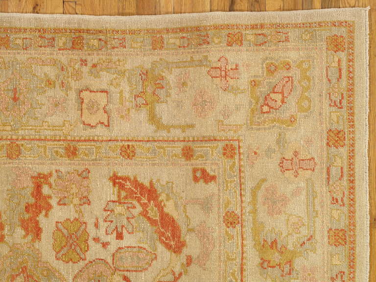 Hand-Knotted Turkish Oushak Carpet, Handmade Turkish Oriental Rug, Beige, Taupe, Coral