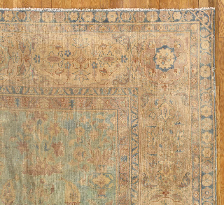 Hand-Knotted Antique Indian Agra Carpet, Handmade Rug, Green - Blue, Taupe, Beige, Allover For Sale