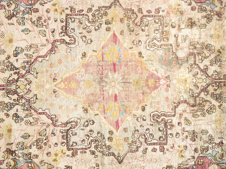 Antique Silk Montasham Kashan Rug, Ivory Hand Made Oreintal Rug For Sale at 1stdibs