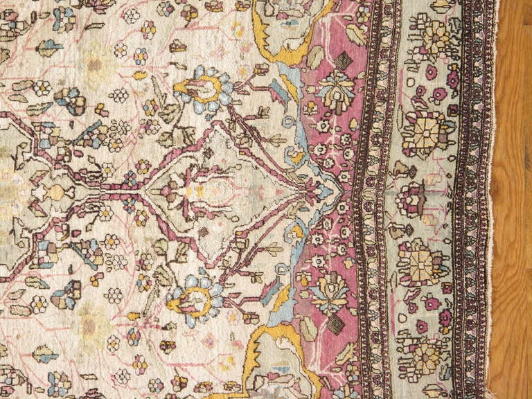 Antique Silk Montasham Kashan Rug, Ivory Hand Made Oreintal Rug For