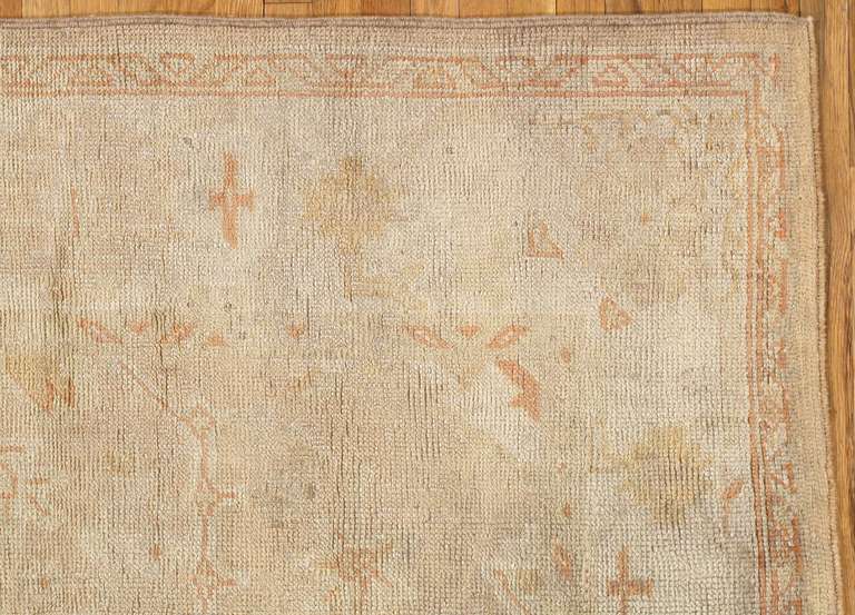 Hand-Knotted Antique Oushak Carpet, Oriental Rug, Handmade Turkish, Ivory and Soft Coral