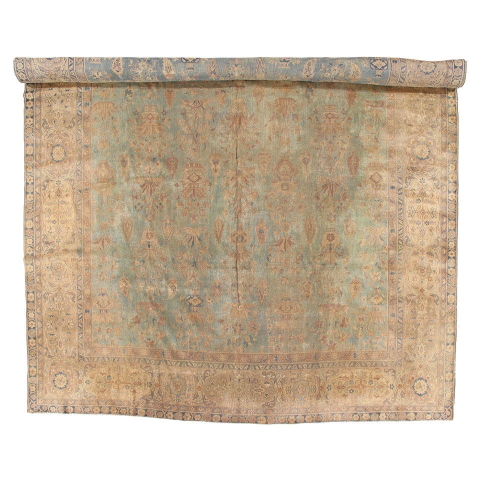 Antique Indian Agra Carpet, Handmade Rug, Green - Blue, Taupe, Beige, Allover For Sale