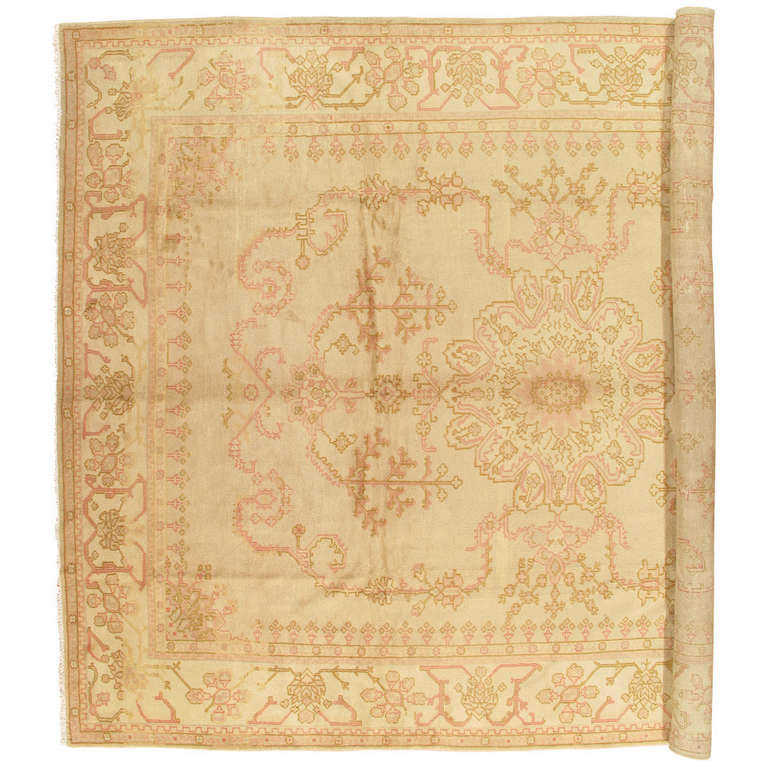 Antique Oushak Carpet, Turkish Rugs, Handmade Oriental Rugs, Pink Ivory
