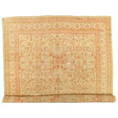 Antique Turkish Oushak Carpet, Handmade Oriental Rug, Beige, Taupe, Sage, Coral