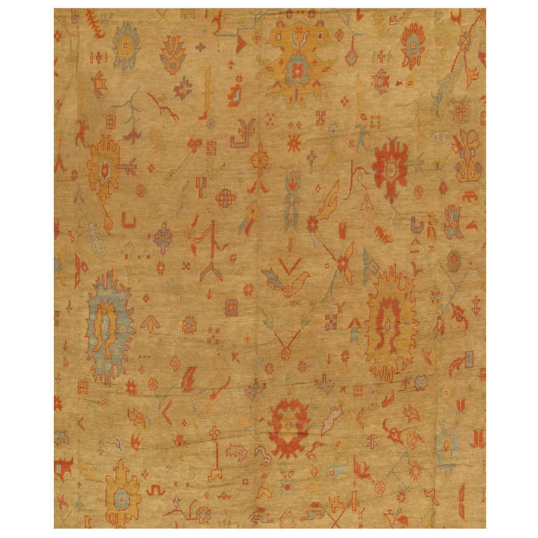 Antique Turkish Oushak Carpet, Handmade Oriental Rug, Gold, Light Blue