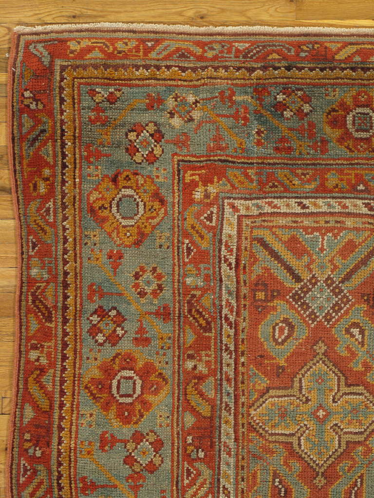 Turkish Antique Oushak Carpet, Handmade Oriental Rug made in Turkey, Coral, Light Blue