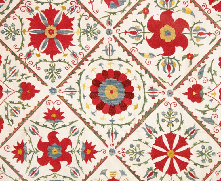 The term Suzani means "needlework"--specifically, the exquisite silk thread embroidery panels made by Uzbek women. Traditionally this embroidery work began at the birth of a daughter and continued, with the help of family and friends,