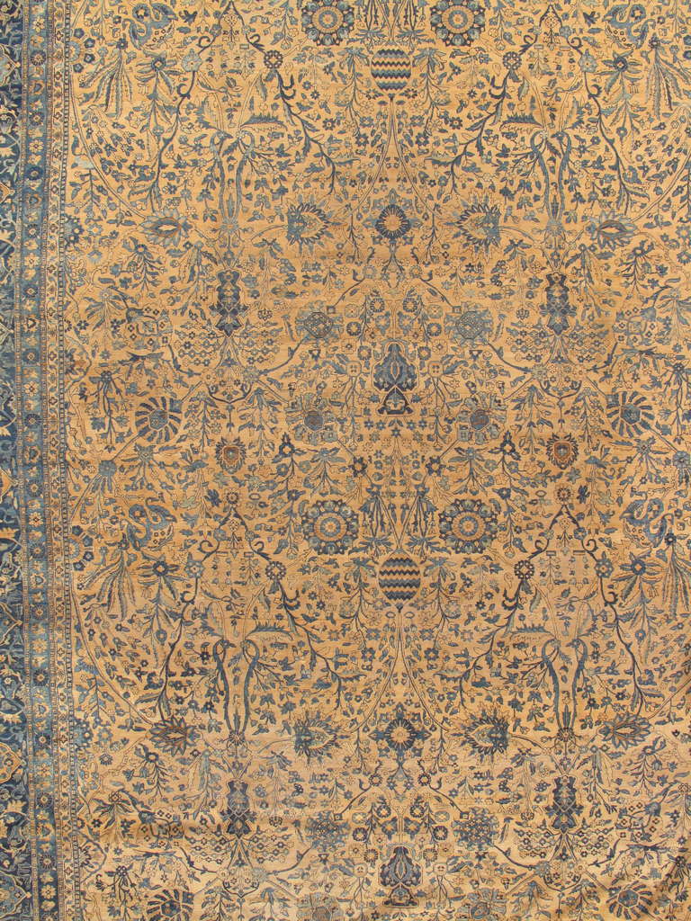 Hand-Knotted Antique Lavar Kerman Carpet, Fine Persian Oriental Rug Light Blue, Gold and Navy For Sale