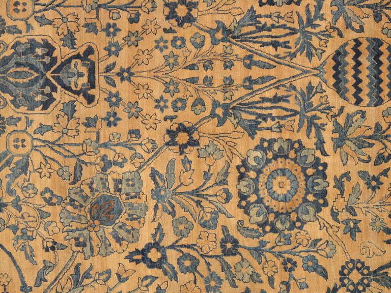 19th Century Antique Lavar Kerman Carpet, Fine Persian Oriental Rug Light Blue, Gold and Navy For Sale