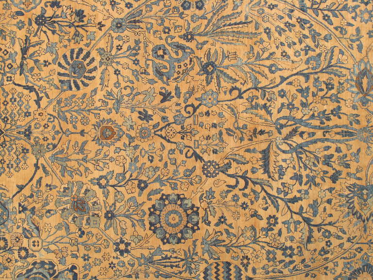 Wool Antique Lavar Kerman Carpet, Fine Persian Oriental Rug Light Blue, Gold and Navy For Sale